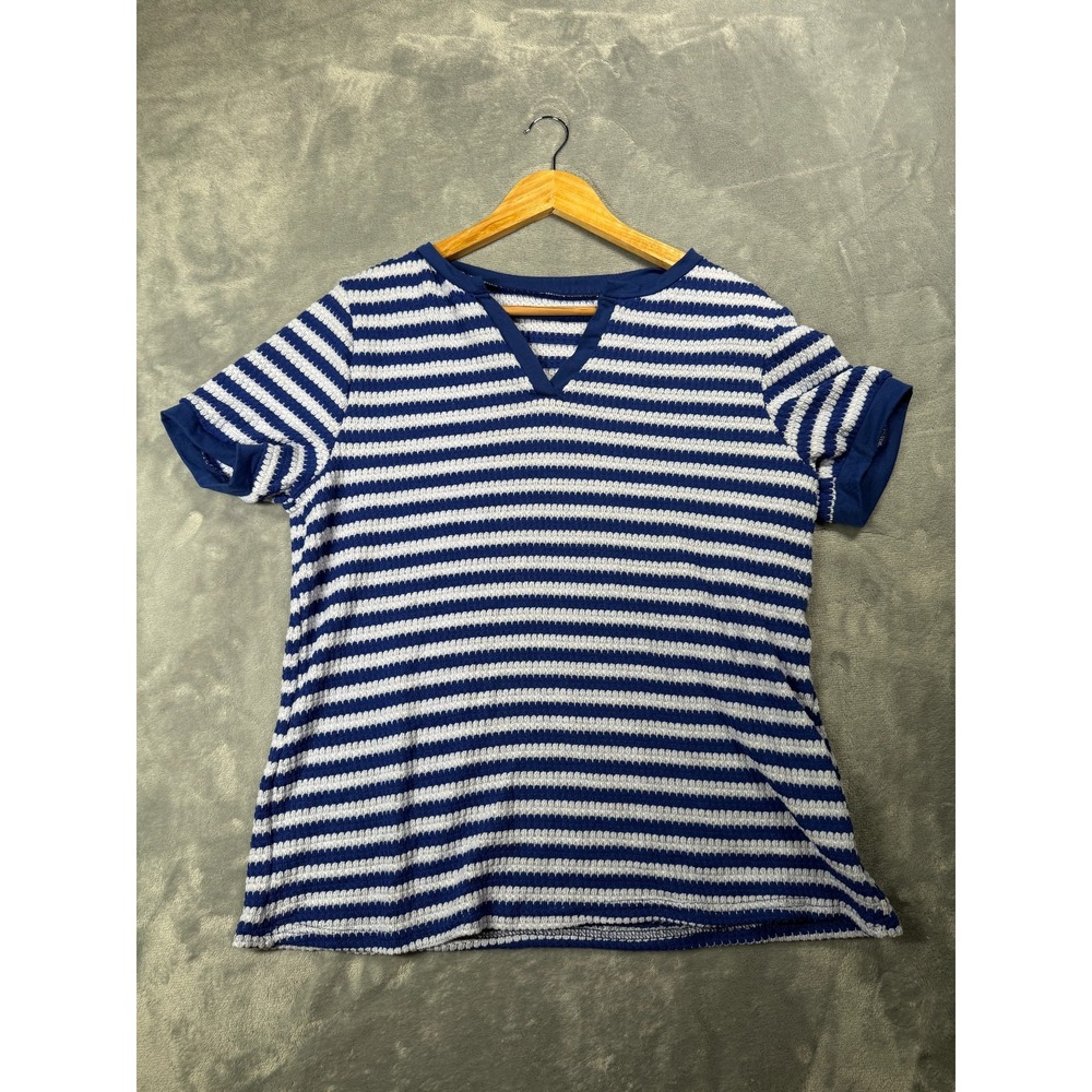 SHEIN Lune T Shirt Womens XL Blue White Striped V Neck Stretch Short Sleeve